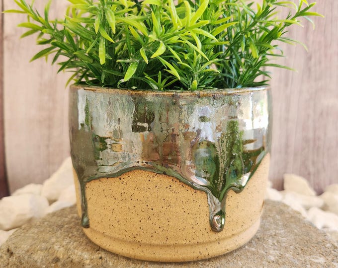 Handmade Iridescent Green Glaze Speckled Clay Planter
