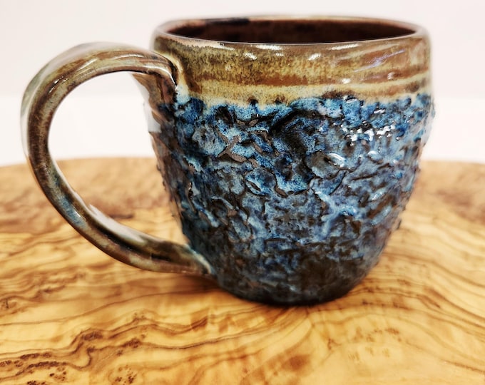 Handmade Ceramic Chocolate Brown and Blue Textured Mug