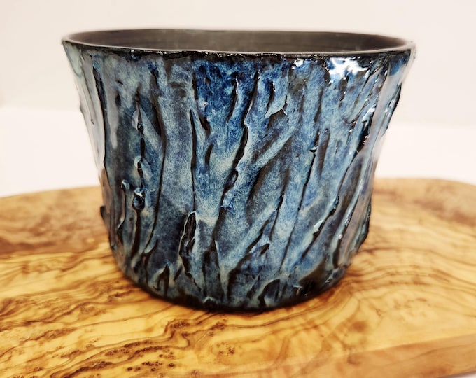 Handmade Ceramic Chocolate Brown and Blue Textured Planter
