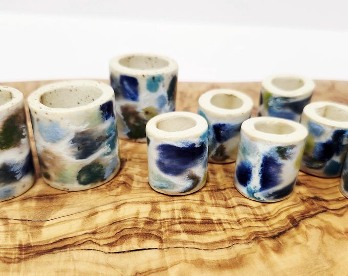 Handmade Ceramic Blue and Green Drip Glaze Speckled Macrame Bead Set