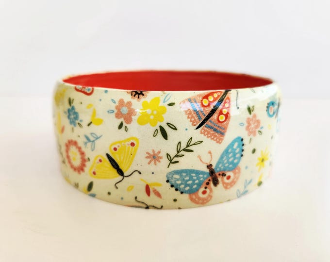 Handmade Floral Butterfly Theme Ceramic Food and Water Dog or Cat Bowl