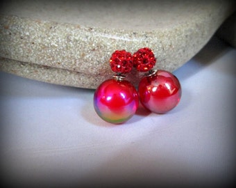 Red Crystal pave Double Sided Earrings, glass bubble Stud earring,bubble earring, ball double earring,Ear Jacket, ball stud earring