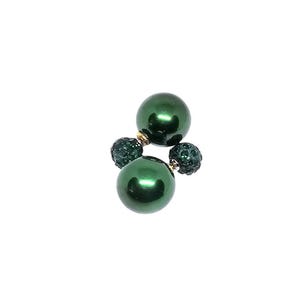 May include: A pair of dark green double-sided earrings with a large round pearl on one side and a smaller round sparkly stone on the other side.