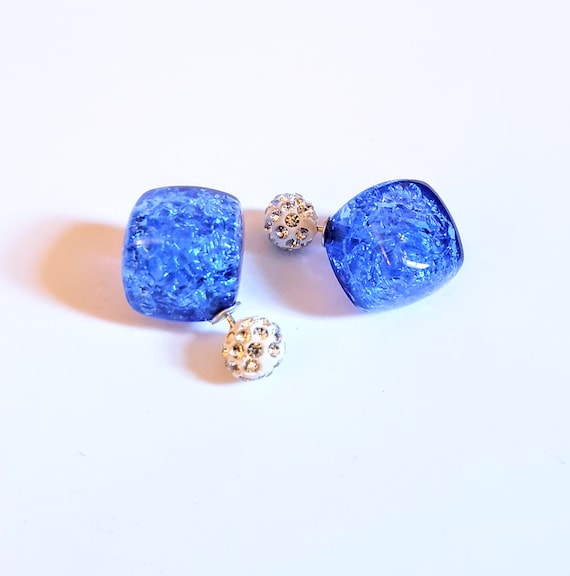 Blue Double Sided Earrings,crackle Glass Stud Earring,bubble