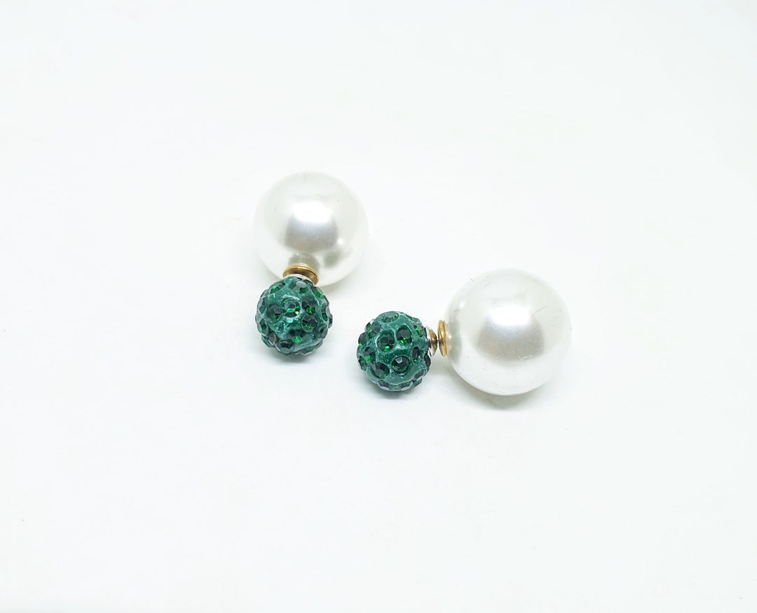 Green Pave Double Sided Earrings Pearl Stud Earringbubble Etsy