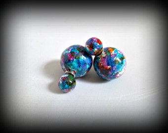 Peacock blue Double Sided Earrings,brush print Stud earring,bubble earring, ball double earring,Ear Jacket,candy ball stud earring