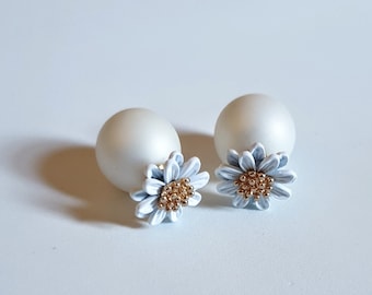 White Double Sided Earrings, daisy flowers stud earring,ball double earring,Ear Jacket