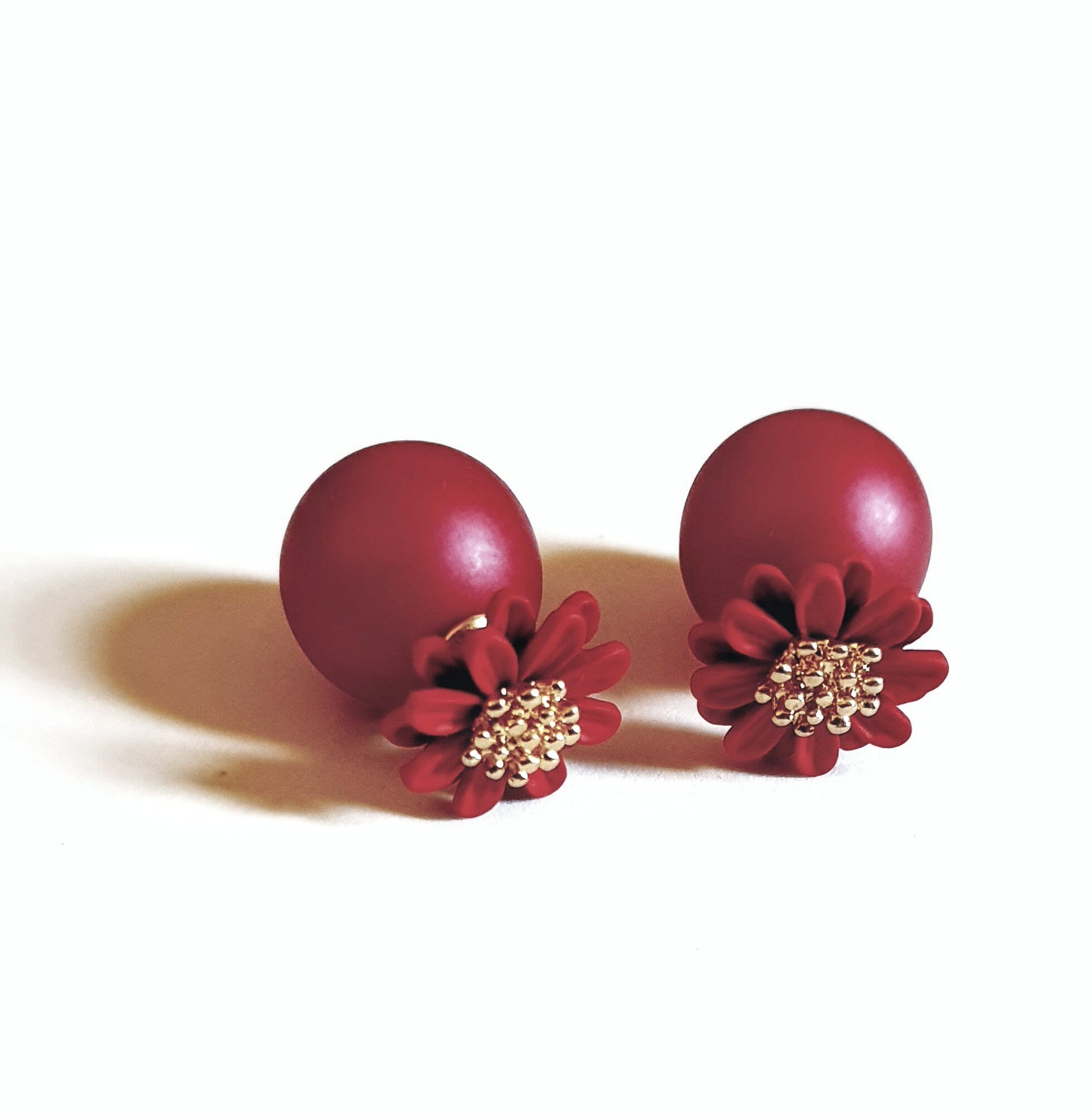 Red Double Sided Earrings, Red Flower Stud Earring,ball Double 