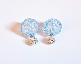 Boucles d’oreilles double face bleues, boucle d’oreille en verre crépitant Boucle d’oreille, boucle d’oreille à bulle, boucle d’oreille double boule, veste d’oreille, boucle d’oreille à boule de bonbons