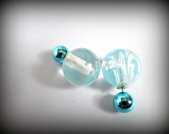 Boucles d'oreilles double face bleu swril, boucle d'oreille en verre bleu bébé, boucle d'oreille bulle, boucle d'oreille boule de bonbon, veste d'oreille,