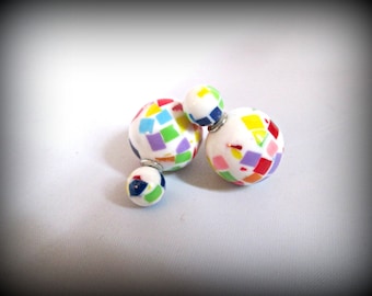 White Double Sided Earrings,brush print Stud earring,bubble earring, ball double earring,Ear Jacket,candy ball stud earring