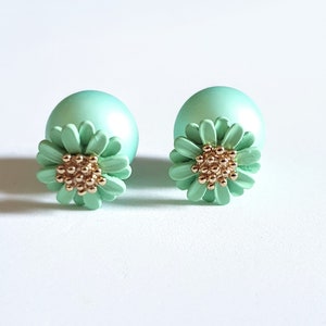 Mint green earring, matt green Double Sided Earrings, pastel green flower stud earring,ball double earring,Ear Jacket