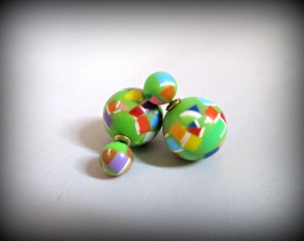 Parrot green Double Sided Earrings,brush print Stud earring,bubble earring, ball double earring,Ear Jacket,candy ball stud earring