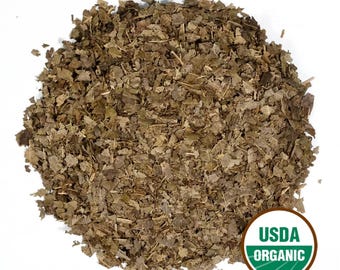 May include: A pile of dried, chopped leaves in shades of brown and green. The leaves are irregularly shaped and appear to be organic. A green and white USDA Organic seal is in the lower right corner.