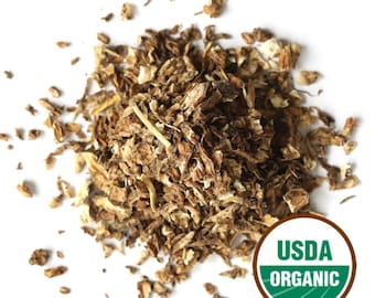 May include: A pile of chopped, dried, brown organic herbs, possibly for tea or culinary use, against a white background. The USDA Organic seal is visible in the lower right corner, indicating the product's certification.