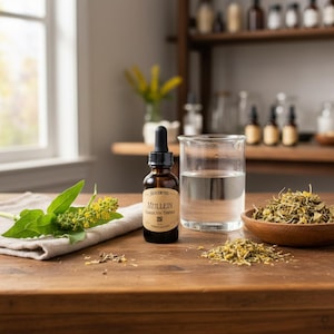 Puede incluir: Una botella de vidrio marrón con cuentagotas, etiquetada como "Mullein Tincture", está sobre una mesa de madera. Junto a ella, un vaso de agua, un cuenco de madera con hierbas secas y una ramita de flores amarillas. Tema: remedios naturales.