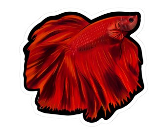 May include: A vibrant sticker featuring a detailed illustration of a red Betta fish. The fish has flowing fins and a black outline, set against a white background. The artwork showcases the fish's scales and fin details.