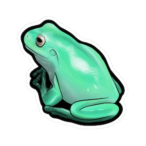May include: A sticker featuring a stylized illustration of a green frog with a black outline. The frog is depicted in a sitting position, with its legs tucked beneath its body. The frog's skin has a glossy appearance.