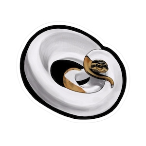May include: A sticker featuring a coiled snake in shades of white, tan, and black. The snake is curled into a spiral, with its head visible. The sticker has a black border.