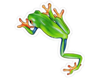 Pegatinas troqueladas de rana arbórea de ojos rojos, decoración colorida de ranas, pegatinas bonitas para portátil, regalos para amantes de la naturaleza, diseños ecológicos