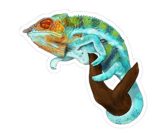 Pegatinas troqueladas de camaleón pantera vibrante / Decoración divertida, pegatinas para portátil, regalo para amantes de la naturaleza, pegatinas artísticas, pegatinas coloridas