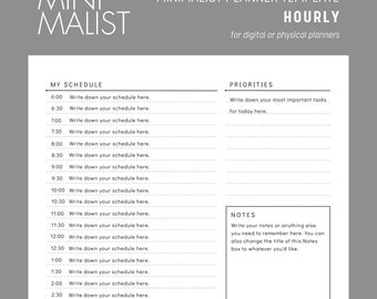 Minimalist Hourly Planner - Customizable and Printable Canva Template - for use in physical or digital planners