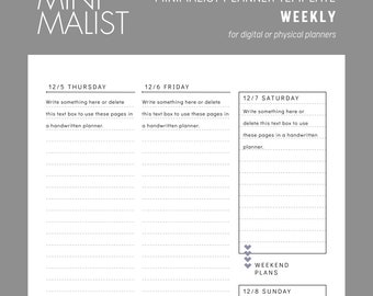 Minimalist Weekly Planner - Customizable and Printable Canva Template - for use in physical or digital planners