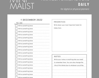 Minimalist Daily Planner - Customizable and Printable Canva Template- for use in physical or digital planners