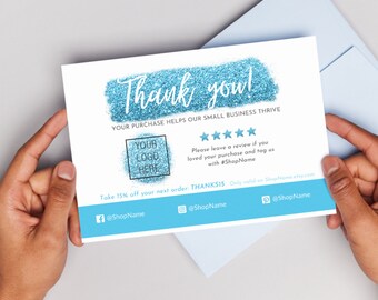 Blue Glitter Thank You Card for Small Business Editable Printable Customizable Canva Template