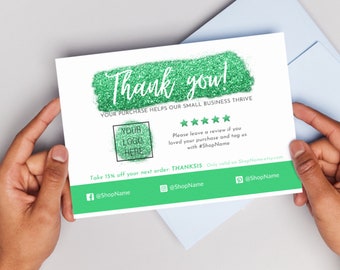 Green Glitter Thank You Card for Small Business Editable Printable Customizable Canva Template