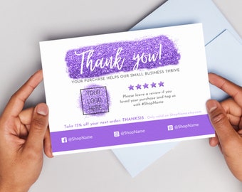 Purple Glitter Thank You Card for Small Business Editable Printable Customizable Canva Template