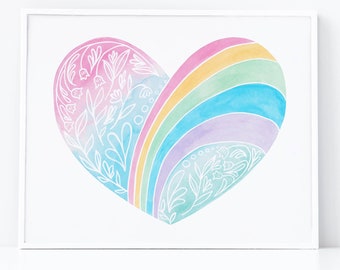 Watercolor Pastel Rainbow Heart - printable wall art poster in 4 sizes - optional personalization