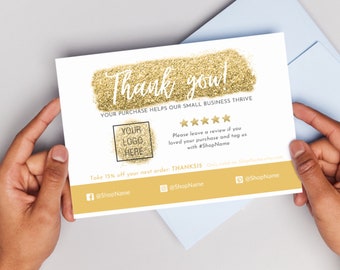 Gold Glitter Thank You Card for Small Business Editable Printable Customizable Canva Template