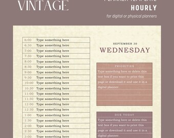 Vintage Hourly Planner - Customizable and Printable Canva Template - for use in physical or digital planners