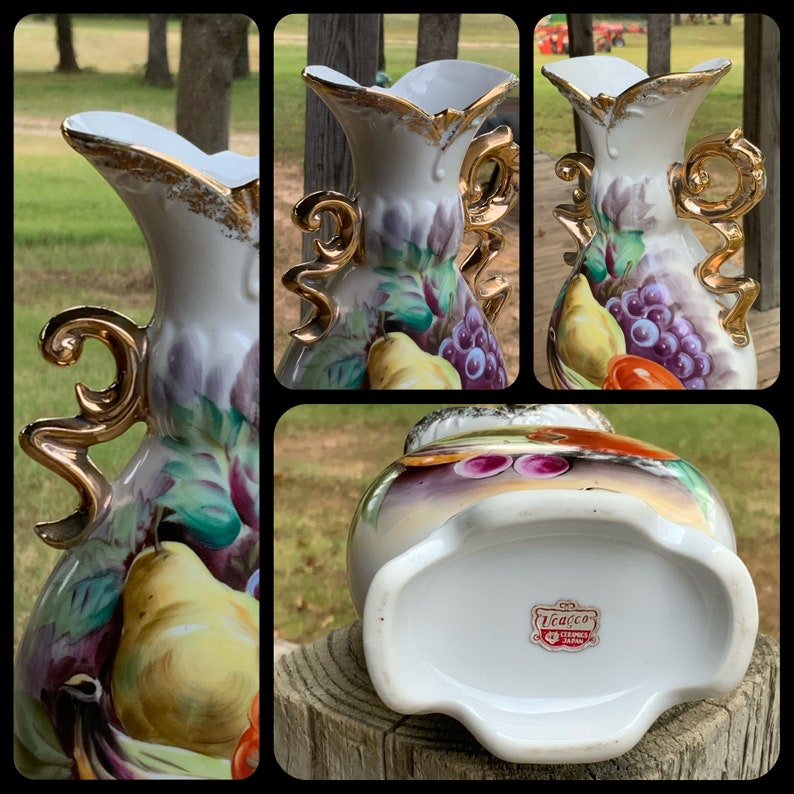 UCAGCO Ceramics Japan Fruit Motif Footed Urn Vase 8.5 GOLD Etsy