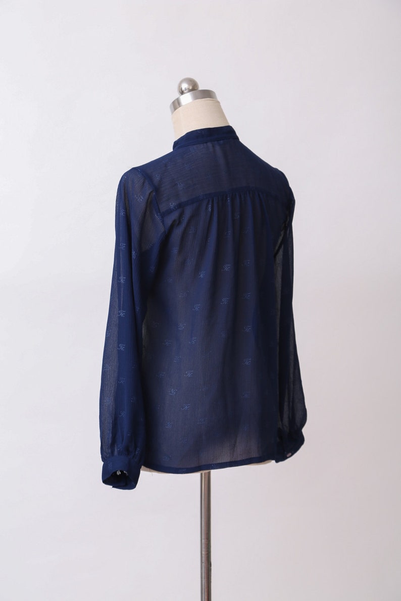 1970s Vinage Blue See Through Blouse / 70s Pussy Neck Tie Button Down ...