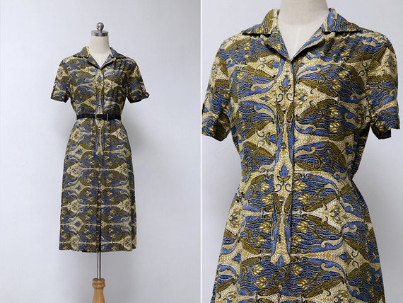 Vintage 70s Blue Yellow Tribal Print Collar Dress… - image 1