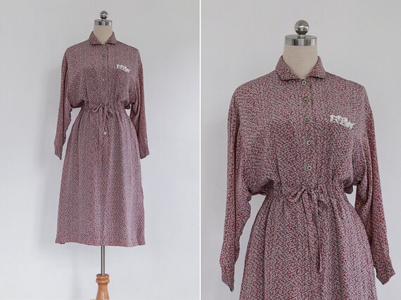 Vintage 80s Grey Pink Stroke Print Japanese Collar