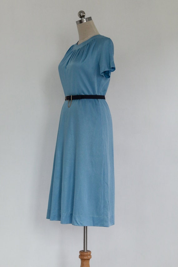 Vintage 70s Pastel Baby Blue Ruched Neck Dress | … - image 3