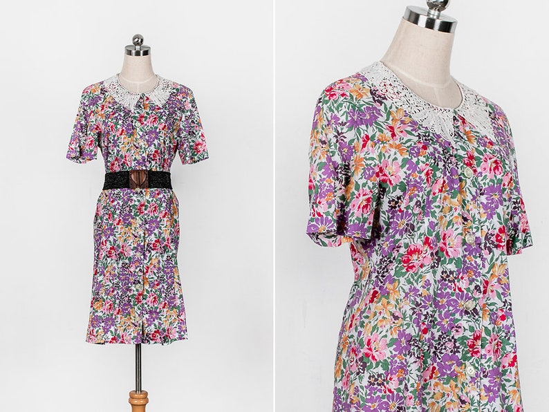1980s Vintage Summer Floral Doily Collar Dress 80s Vintage Peter Pan Collar Button Down Festival Dress M