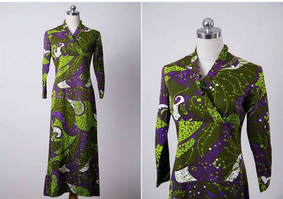 SALE  - 1960s Vintage Dress / 60s Green Purple Ma… - image 1