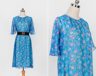 1970s Vintage blue Pink Summer Floral Fluted Sleeves Organza Midi Dress | 70s Vintage Bell Flower Long Skirt Dress S