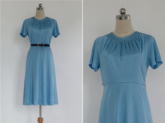 Vintage 70s Pastel Baby Blue Ruched Neck Dress | … - image 1