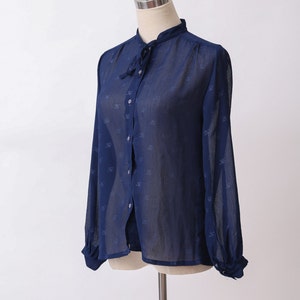 1970s Vinage Blue See Through Blouse / 70s Pussy Neck Tie Button Down ...