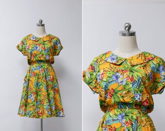 Vintage 70s Yellow Green Tropical Floral Dress | Vintage Peter Pan Collar Swing Skirt Dress | High Waisted Skirt 50s Style Mini Dress S