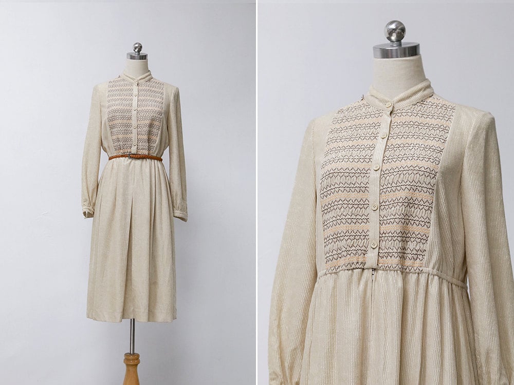 Vintage 70s Beige Rib Stand Collar Midi Dress Japanese - Etsy