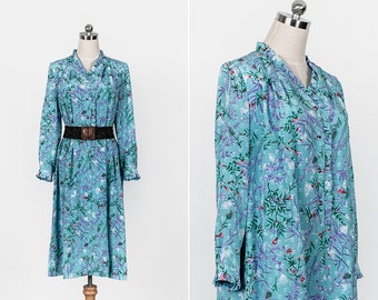 1970s Blue Purple Garden Floral Mini Dress | 70s Japanese Stand Ruffle Collar Long Sleeves Dress | Vintage Summer Floral Dress L