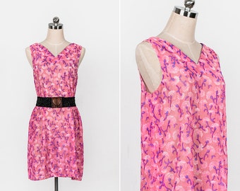 1970s Vintage Neon Pink Blue Floral Slip Dress | 70s Festival Boho Floral Doily See Through Mini Day Dress L