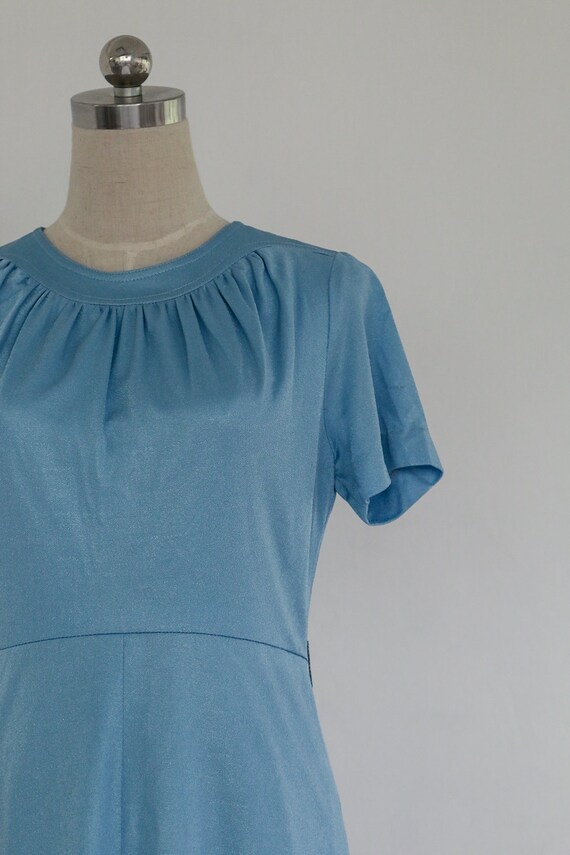Vintage 70s Pastel Baby Blue Ruched Neck Dress | … - image 5