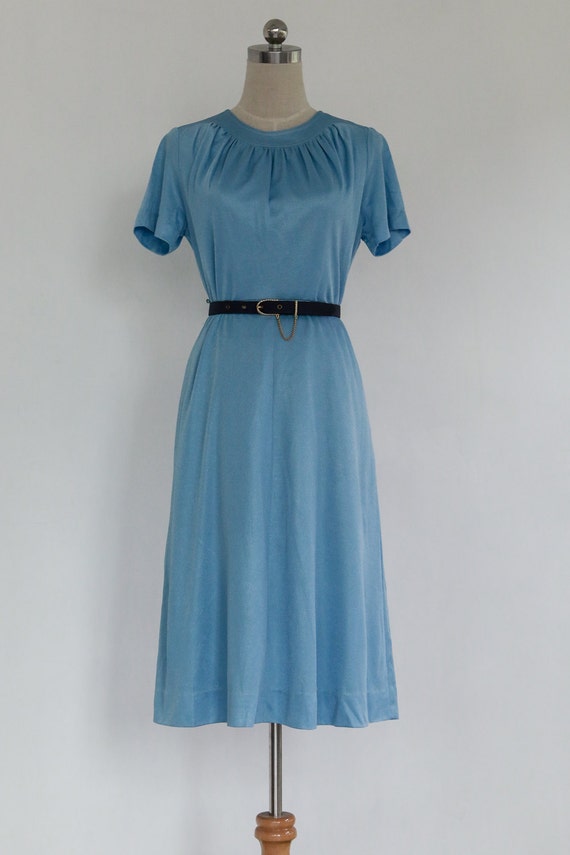 Vintage 70s Pastel Baby Blue Ruched Neck Dress | … - image 2